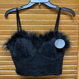 Klassy Network Black Suede Crop Top with Feather Lining